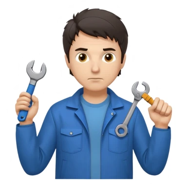 Calm and independent male technician, Caucasian features, short tousled dark hair, serious but composed expression, wearing a blue work jacket over a grey t-shirt, holding a wrench in one hand and a mechanical gear in the other, waist-up, front-facing sticker