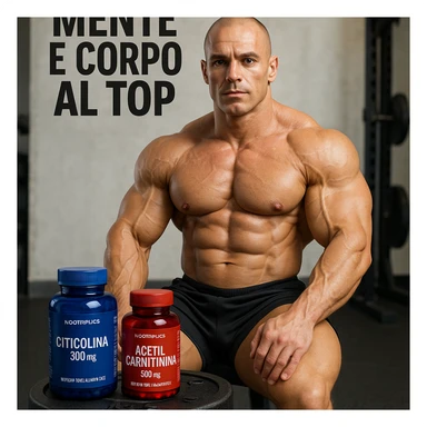 hyper realistic bodybuilder with citicoline and acetylcarnitine bottles near weights, sculpted muscles, blue and red bottles, text 'Mente e corpo al top', gym environment, light background sticker