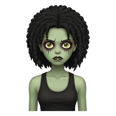 a female zombie with sage green skin, black long afro afro hair with edges, and a black tank top  sticker