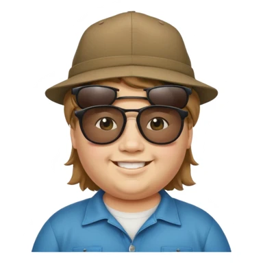 a very fat 16 year old boy who has light brown hair and a mullet and wearing a hat with upside down sunglasses on top of the hat sticker