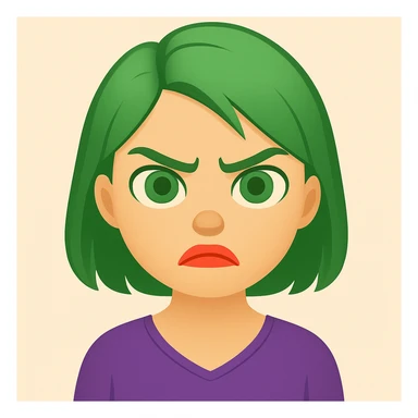 Edit the image of a girl with green hair and angry expression to have green eyes and coral lipstick in an emoji style. sticker