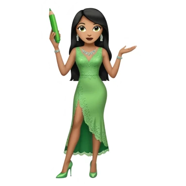 A plus-size light-skinned Black woman is wearing makeup. She has long, straight, waist-length black hair and is wearing a green sleeveless dress with rhinestones and lace and a low neckline. She is standing in green high heels and is holding a crayon in one hand, with the other hand raised. sticker