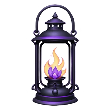 A Discord emoji of a dark violet flame burning inside a black iron lantern. The lantern has sharp, gothic edges and a small 'streak' of light emerging from it. Dark fantasy aesthetic, bold outlines, vibrant purple fire, white background, high detail but simple enough to be visible at 32x32 pixels. sticker