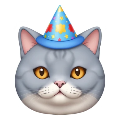 British shorthair blue cat with round face and chubby cheeks wearing a colorful birthday hat sticker
