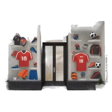 “Soccer store exterior with bold signage, large windows showcasing football gear, jerseys, and accessories, and a dynamic, athletic design reflecting the energy of the sport.” sticker