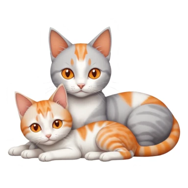 full body of a grey and white cat cuddling a very small + skinny ginger and white kitten with deep orange eyes and triangular shaped face lying down sticker