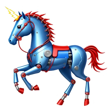 Fast running electric horse made of electricity, metal plates, bolts, blue and red wires, with lightning emanating from its body sticker