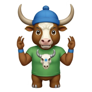 a bull wearing a green cap leveled WAGMI and wearing a blue t shirt and WAGMI designed with bulls skull and horn sticker