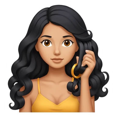 tanned woman with long black hair curling her hair, getting ready sticker