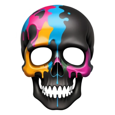 sleek black skull with colorful graffiti paint and brand logos contained within the skull shape, no drips extending beyond the skull outline, front view sticker