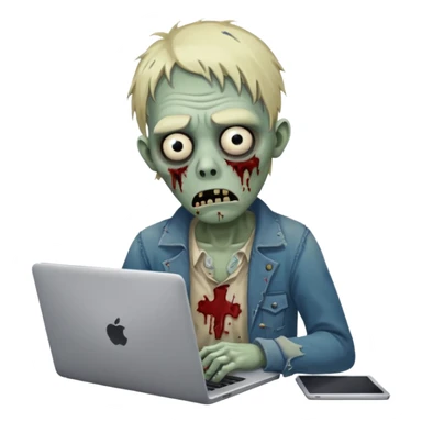 A tired sad zombie behind a laptop sticker