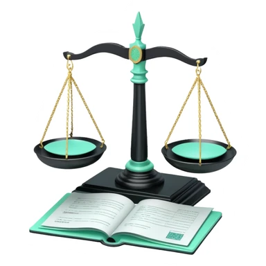 Responsabilité Administrative (Administrative Responsibility), 3D techy icon with black and mint green (#B5F4D3) color scheme, scales of justice with official documents sticker