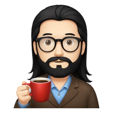 men with white bearded long black hair  with opticals  on holding coffee sticker