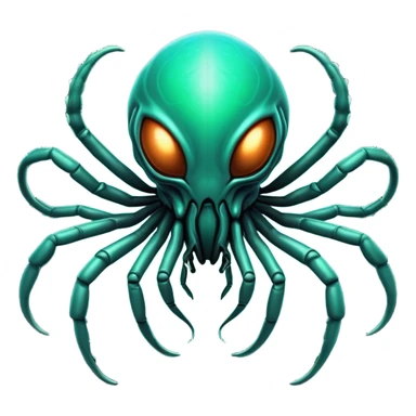 Clash of Clans aesthetic: Cinematic fierce arachnid Alien Emoji, rendered in a 3D vector-style similar to standard emojis with minimal shading and bold, simplified shapes. A compact, isometric, otherworldly creature with insectoid, organic details and subtle, eerie tentacles, softly glowing with a sinister alien charm. Simplified yet unmistakably iconic, highly detailed and consistent, glowing with a soft, spectral radiance and high shine. Stylized with a touch of bio-engineered mischief and a soft glowing outline, capturing the essence of a fearsome extraterrestrial menace with a playful twist! sticker