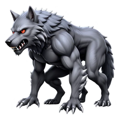 cinematic-noble-fierce-werewolf-full body on all fours-emoji, poised-and-imposing, with a tall, lean, and muscular wolfish frame inspired by the brutal, imposing shape of the beast from Berserk, fur rippling in shades of midnight black and silver, massive paws with razor-sharp claws, elongated limbs and fangs, eyes glowing with an intense, primal ferocity, reflecting the untamed power of the wild moonlit night; rendered with realism like a wolf hunched over sticker