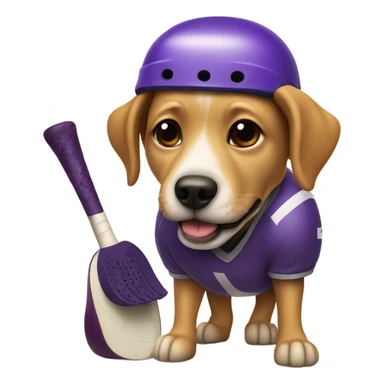 Dog with hockey helmet eating an eggplant sticker