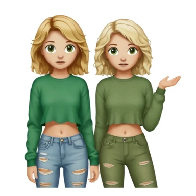 Two girls, both white, one with short wavy blonde hair and green eyes, dressed in punk Y2K fashion and the other with long wavy brown hair, brown eyes, freckles; and cozy green clothes  sticker