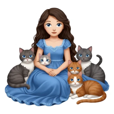 detailed realistic looking a dark grey and white cat regally laying with six other cats, cuddling with their owner in bed who is a pretty bratz lightly tanned white girl with long dark brown hair, blue eyes and gorgeous long wavy hair wearing a pretty detailed dress sticker