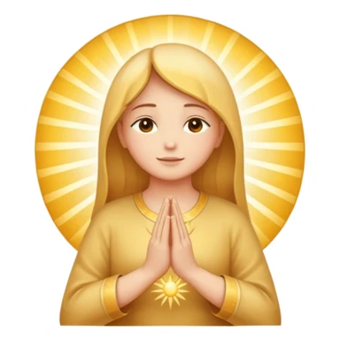 warm peaceful morning prayer emoji with soft golden colors, rays of light, hands in prayer position, serene spiritual symbols, sunrise, new beginnings, gratitude, connection with the divine sticker