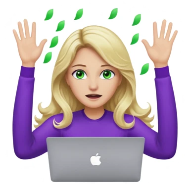 lady with long wavy blonde hair, purple top, green eyes, throwing her with a purple mac laptop hands in the air crying sticker