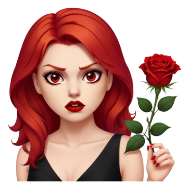 a beautiful very angry woman with red hair and red eyes. The woman wear a black little cutted dress. She have red lipstick and she have a seductive look. She have a rose flower in her hair. Angry face sticker
