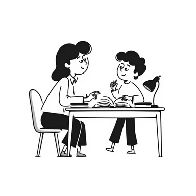 educator or speech therapist with child, who helps child with lessons sitting at the table sticker