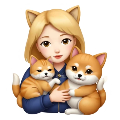 chinese fashion girl hugging  A Shiba Inu and a cat sticker