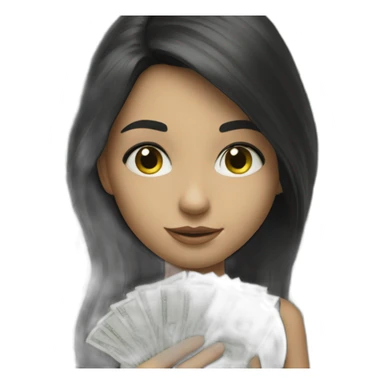 hyperrealist caucasian girl black long hair holding money sticker