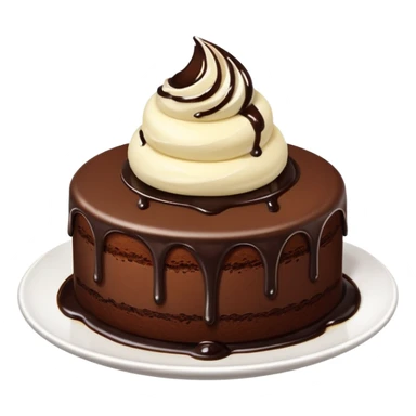 round chocolate cake with vanilla ice cream on a white plate, chocolate syrup on top, simple and bright emoji style sticker