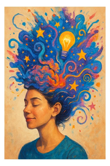 a stylized woman with her brain exploding in a burst of color and ideas, surreal, imaginative, no violence sticker