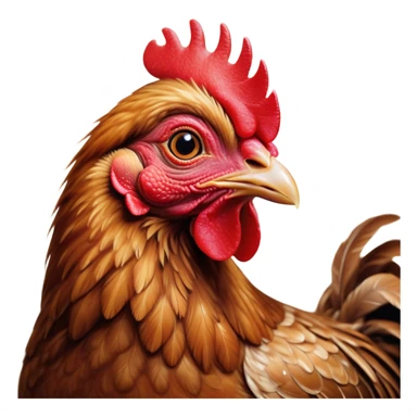 Cinematic Cute Brown Chicken Portrait Emoji, Head tilted playfully and inquisitively, featuring a lustrous brown feathered coat with a natural sheen and a subtle red comb, round, sparkling beady eyes filled with curiosity, Simplified yet irresistibly adorable features, highly detailed, glowing with a warm, friendly glow, high shine, affectionate and lively, stylized with a touch of country charm, bright and endearing, soft glowing outline, capturing the essence of a mischievous yet loving chicken, so playful it feels like it could peck out of the screen and into your arms! sticker