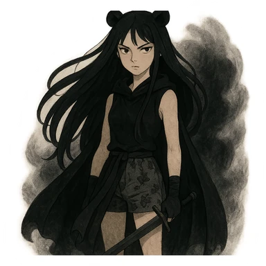 mysterious gothic female fighter with long flowing black hair, sharp intense eyes, small black bear ears, sleeveless black ritual robe top, gray combat shorts with dark floral pattern, quiet but commanding presence, soft dark aura sticker