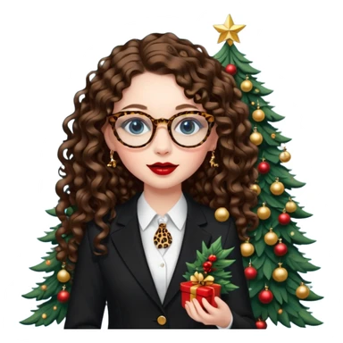 A girl with white pale skin, blue eyes, full lips, brunette long curly hair. She has a leopard print round-ish shaped glasses. She is wearing a all black suit. And she has red lipstick. She is putting gold ornaments happily to a christmas tree. sticker