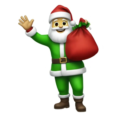 Santa Claus in a green suit waving with his left hand holding a red sack over his right shoulder sticker