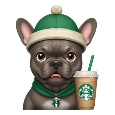 dark grey french bulldog with a starbucks hat sticker