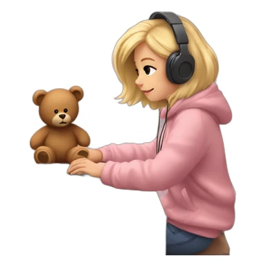Lo-fi girl studing; headphones, brown teddy bear jumper, blonde hair; sitting at the desk with her macbook and typing on a pink keyboard sticker