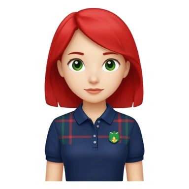 School uniform with navy polo shirt and navy plaid skirt with green white and red  sticker