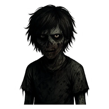 boy zombie with medium-long shaggy black and brown emo hair, dark and spooky, creepy expression sticker