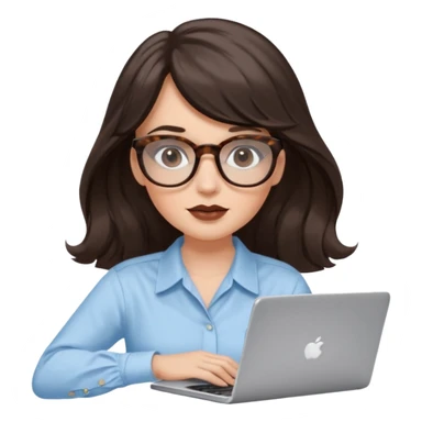 A white woman with long wavy dark brown hair and a whispy bang, wearing thick tortoise SQUARE glasses. She has long lashes and a nude browny glossy lipstick. She's wearing an oversize light blue shirt with white strips. She's working on a laptop sticker