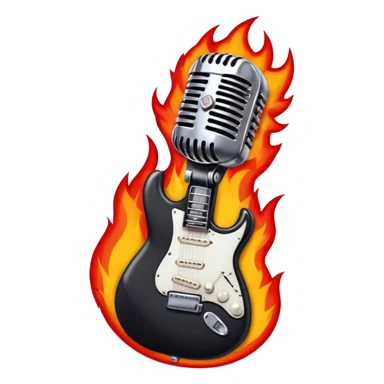 Create a bold and powerful emoji representing rock vocal performance in a humanless collage. The design should feature a vintage microphone at the center, surrounded by a heavy, aggressive hardcore electric guitar with sharp, jagged edges. Include crossed drumsticks behind the guitar, symbolizing the intense rhythm of rock music. Add fiery elements like flames or lightning bolts to enhance the raw energy of the design. Use dark, bold colors like black, red, and silver, with metallic or chrome accents to reflect the rebellious, hard-hitting nature of rock. The background should be transparent. sticker
