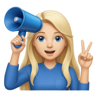  blue eyes blonde girl yelling into megaphone smiling long hair holding up finger sticker