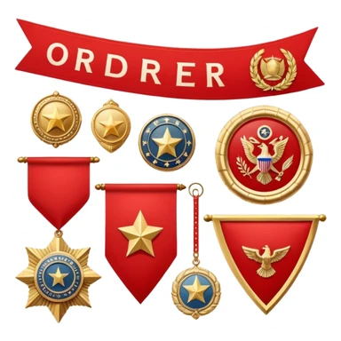 Icon for Collecting Orders, Medals & Badges: a variety of vintage orders and badges, displayed neatly on a big red pennant. The icon should reflect the honor and historical significance of these collectible items. Transparent background. sticker
