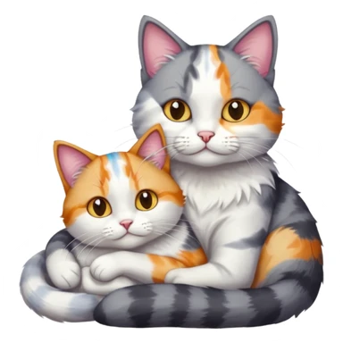 grey and white cat cuddling a colourful light patched calico + white tabby cat sticker