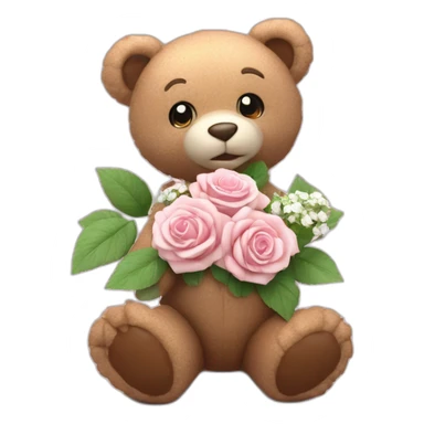 animated teddy bear holding delicate soft pink roses mixed with small white flowers, green leaves, 3D RENDERING sticker