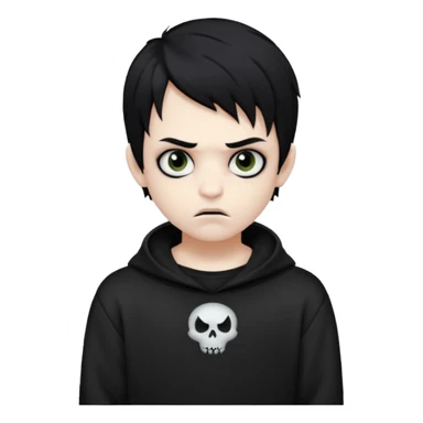 Vampire boy with the black emo hair, pale-white skin, black eyes, little fangs and dark circles under his eyes. He has serious face and he wear a black oversize sweatshot sticker