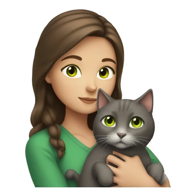 brown haired girl with green eyes holding a grey cat sticker