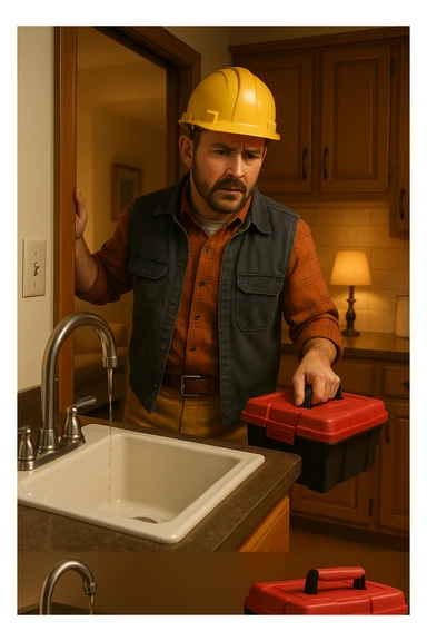 Vertical format, same scene: construction worker entering home, toolbox in hand, noticing leaky faucet, cozy home environment. Version 1. sticker