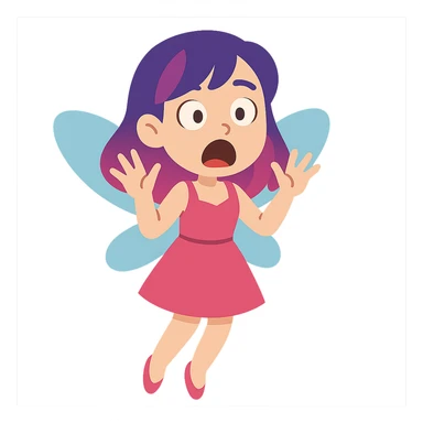 flat toon style white girl with purple and pink hair, shocked fairy expression sticker