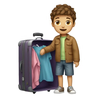 Boy with brown hair unpacking a suitcase with clothes inside sticker