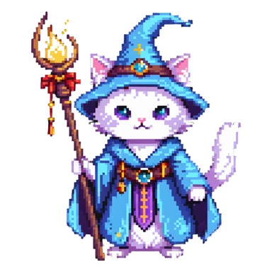 A cat wizard casting a spell with magical staff and flowing robes sticker